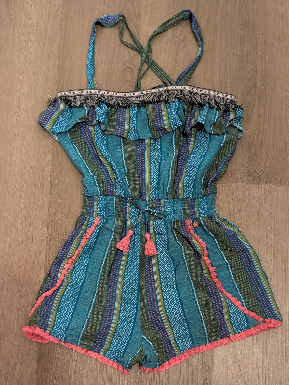 Matilda Jane Teal & Coral Striped Tassel Romper